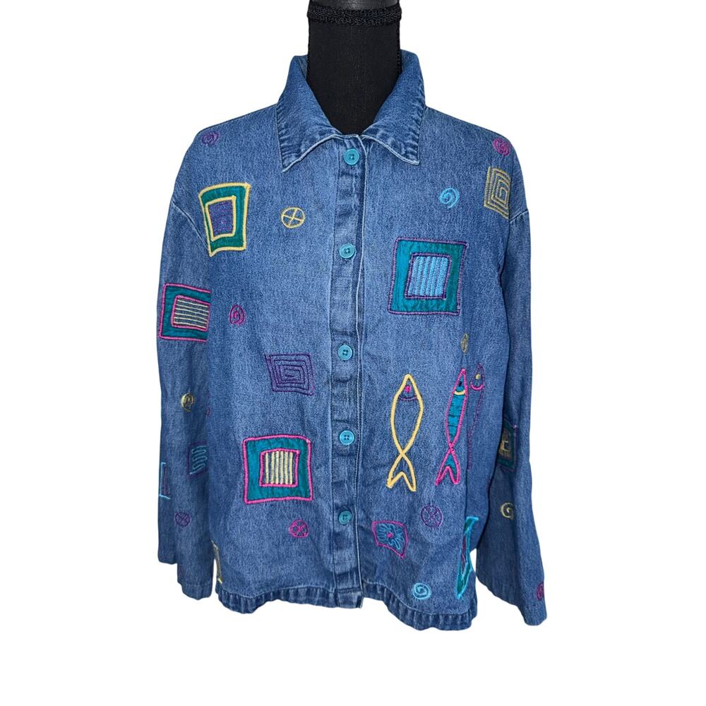 Bleu Bayou Embroidered Denim Shirt Women's Fish Geometric Art Y2K Boho Size L